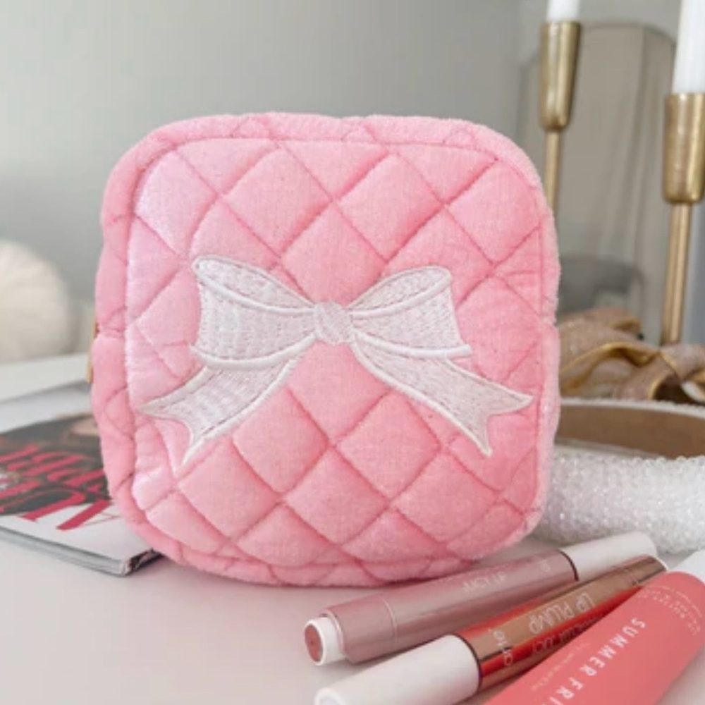 NWT Pink Velvet Bow Mini Pouch with Zipper